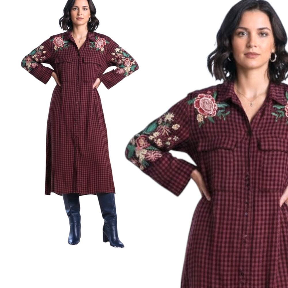 Zara Trf Outerwear Red Navy Blue Flannel Plaid Button Front Maxi Dress Duster‎